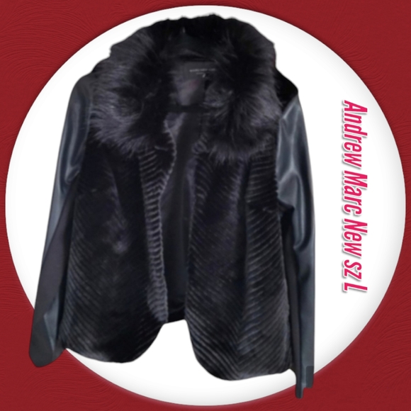 Andrew Marc New York Woman's Faux Fur Faux Leather Black Jacket Coat Sz L - Picture 1 of 15